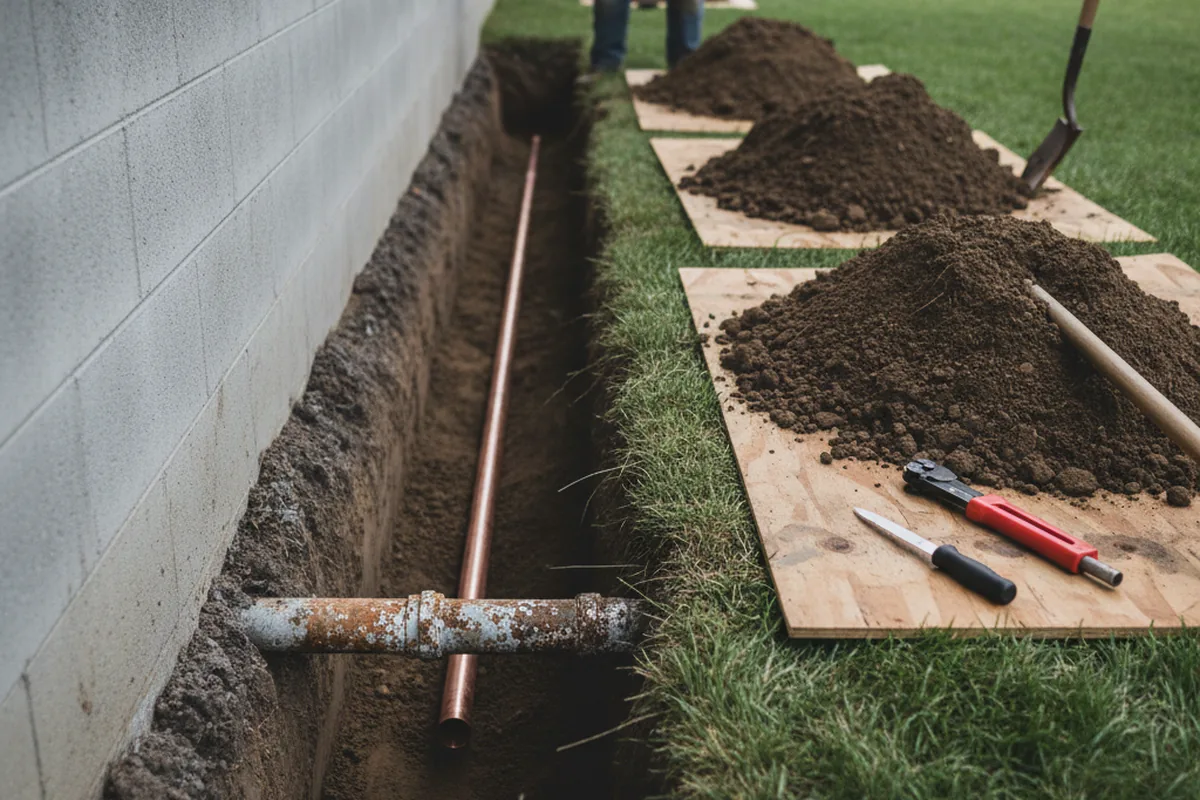 Excavated water line trench during Water Softener Installation in Sandoval